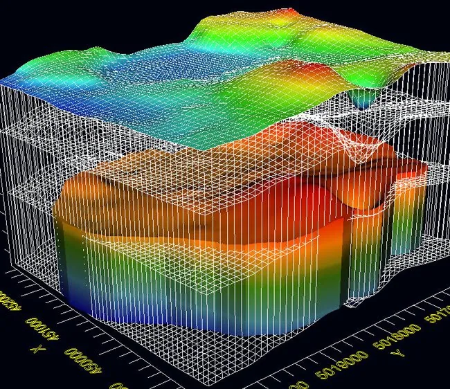 Three-dimensional groundwater model domain showing layered hydrogeological units with simulated head distribution through the profile.
